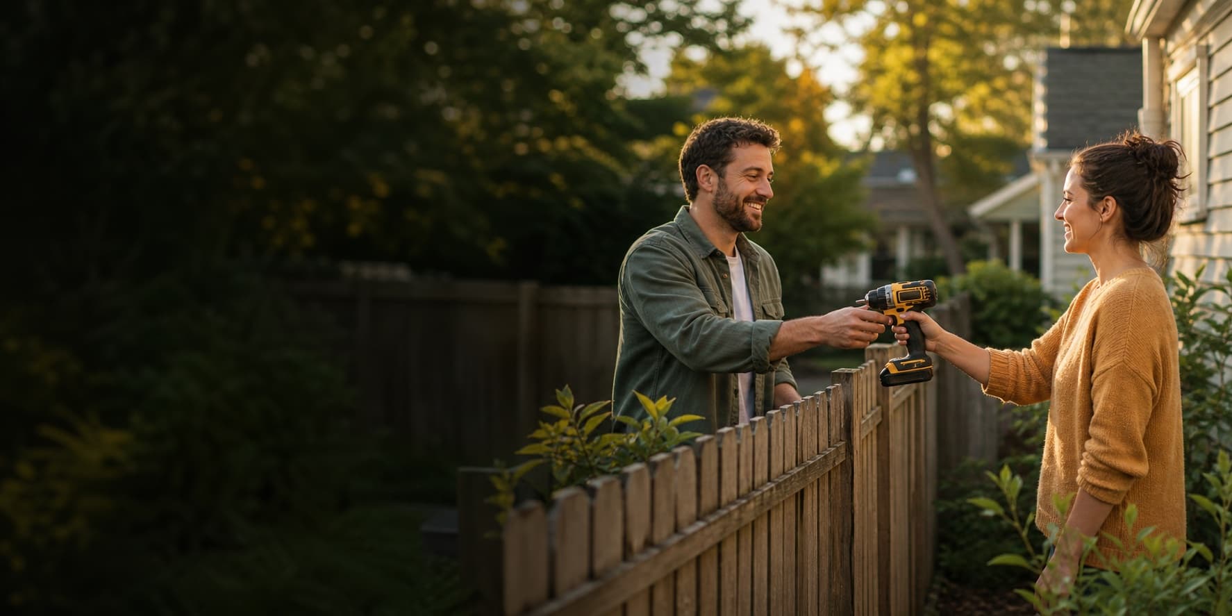 Two neighbors sharing a cordless drill over a backyard fence