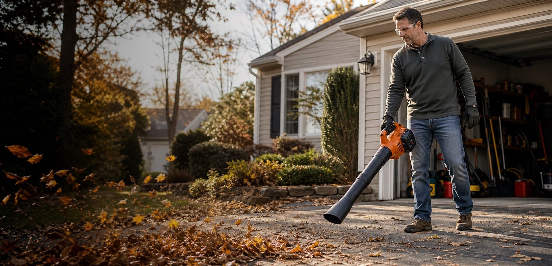 Homeowner using a leaf blower to clear leaves from a driveway
